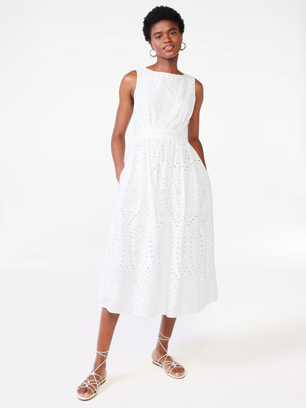 Scoop Sleeveless White Eyelet Midi Dress with Bow Waist Detail - XL
